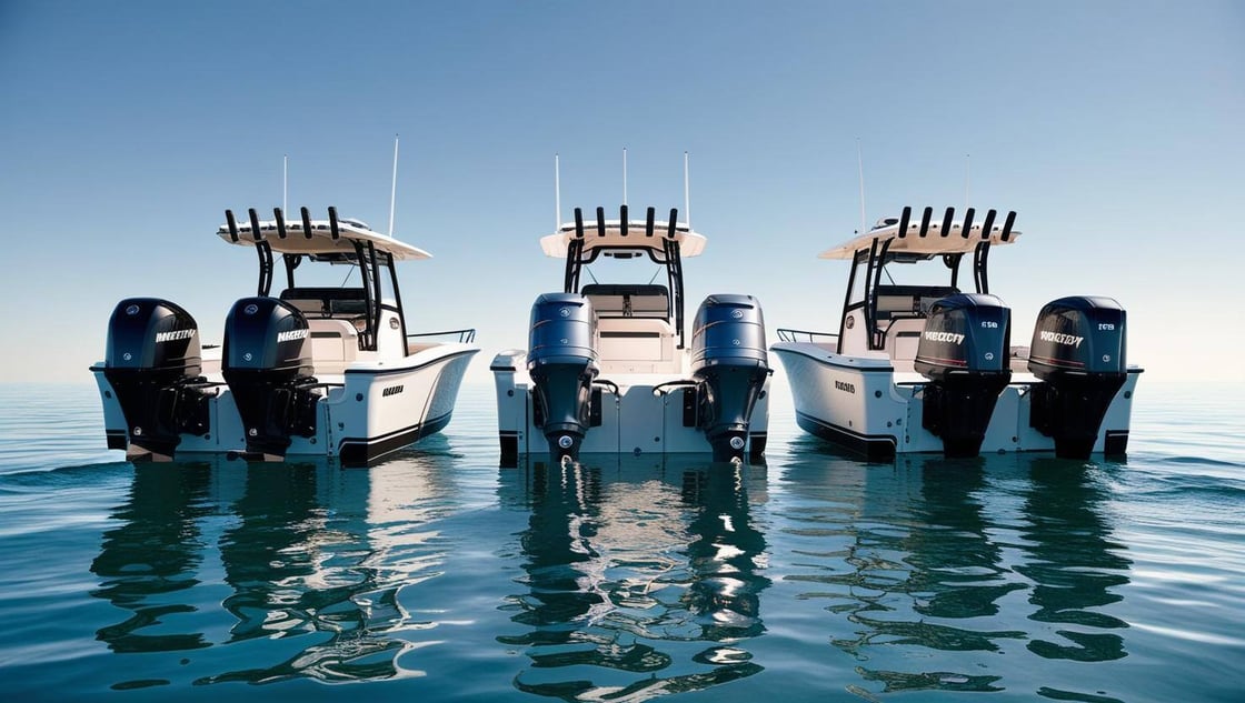 3 Boston Whaler 280 Outrage center console boats viewed from the stern, showcasing three different outboard engine configurations side-by-side.  On the left, twin 250-hp Mercury 