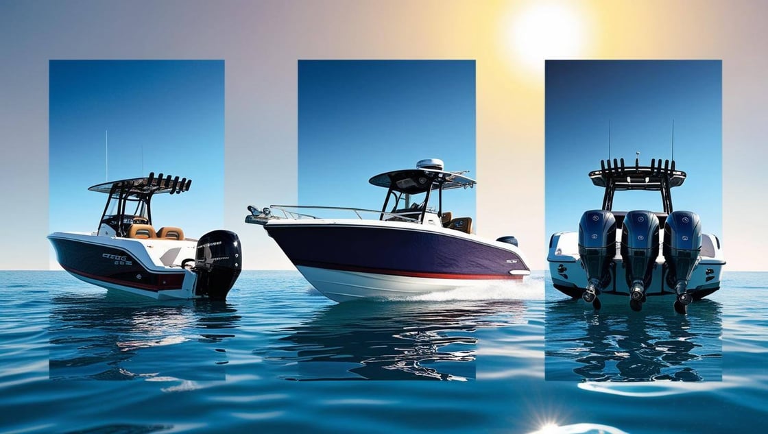 3 different sport powerboats, one with 1 outboard engine, one with 1 outboard engines, one with Three outboard engine