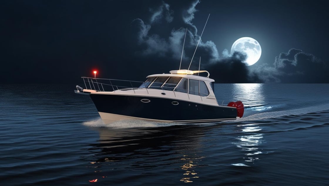 A detailed, realistic image of a medium-sized powerboat navigating a calm, dark sea at night. The boats navigation lights—a bright white on top of the boat light and a red light nea