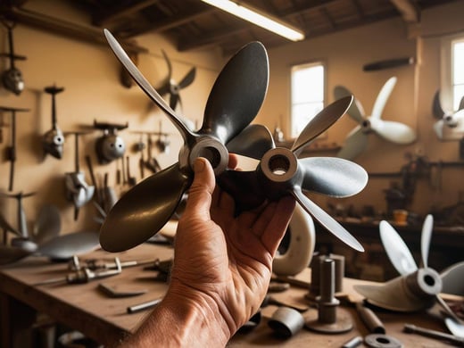 A hand holding two different boat propellers, one larger and one smaller, with a variety of other propellers blurred in the background.  Workshop setting, with tools and boat parts v