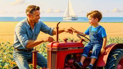 A heartwarming, realistic illustration of a father and young son working together on a tractor on a farm, with the father pointing and teaching. In the background