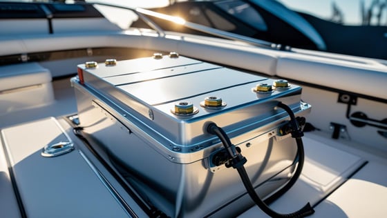 A high-detail close-up photograph of a lithium-ion battery securely mounted in a new power boat, sunlight reflecting off its metallic casing.