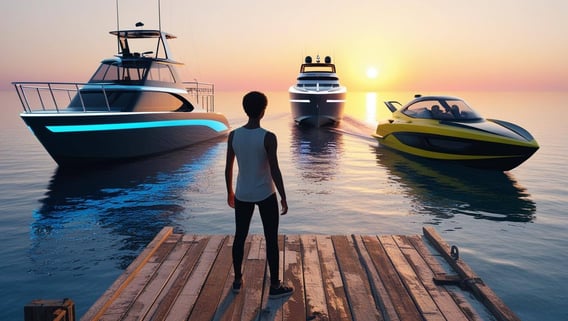 A person standing on a dock looking our into the water at 3 different futuristic boats, on fishing boat , one cabin cruiser, and one fast boat.  tone should be hopeful and bright
