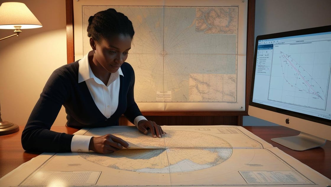 A person using a nautical chart to plot a course on a computer screen