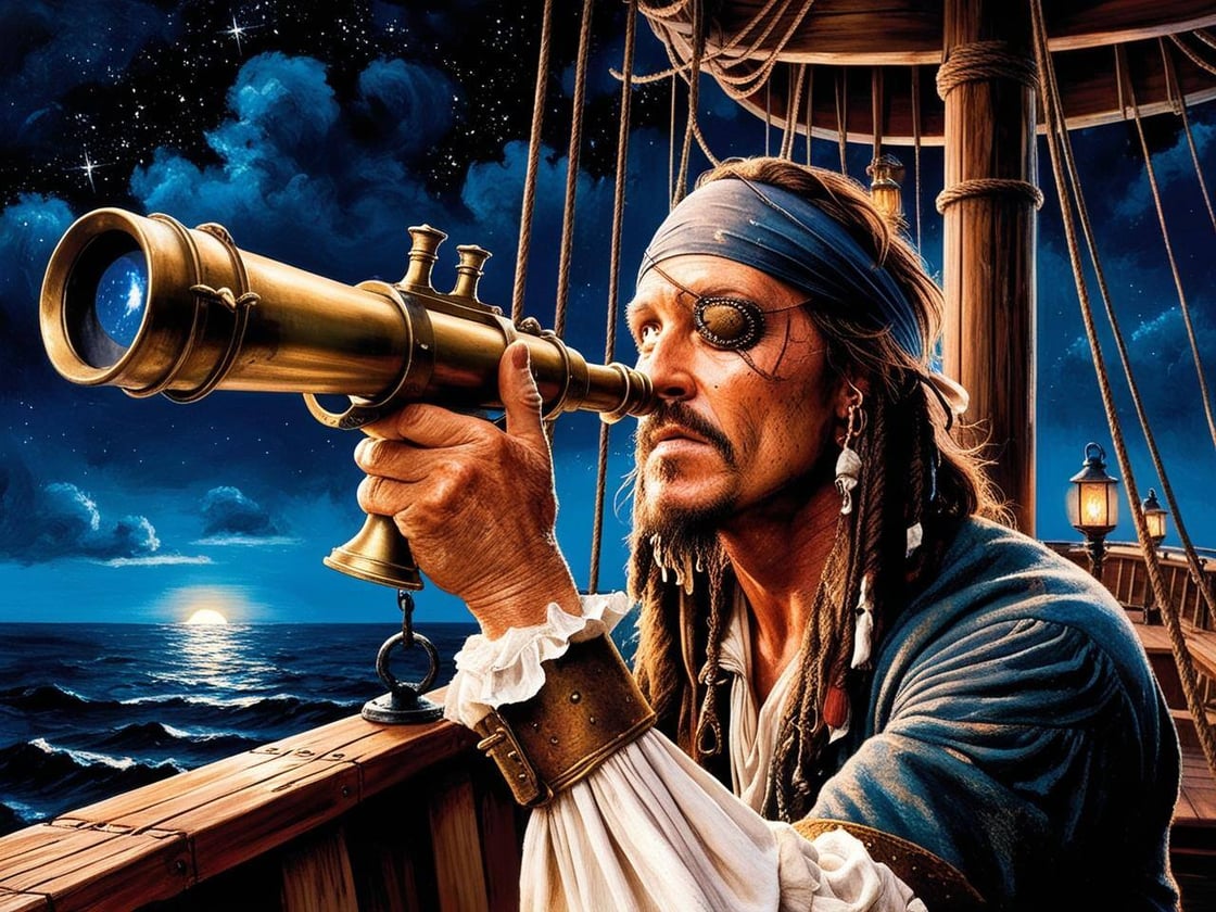 A pirate on a boat with an eyepatch at night with a lelscope up to his good eye