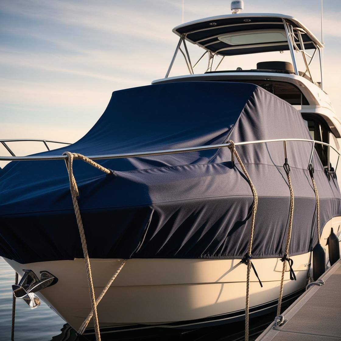A power boat wrapped up for the winter