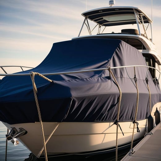 A power boat wrapped up for the winter