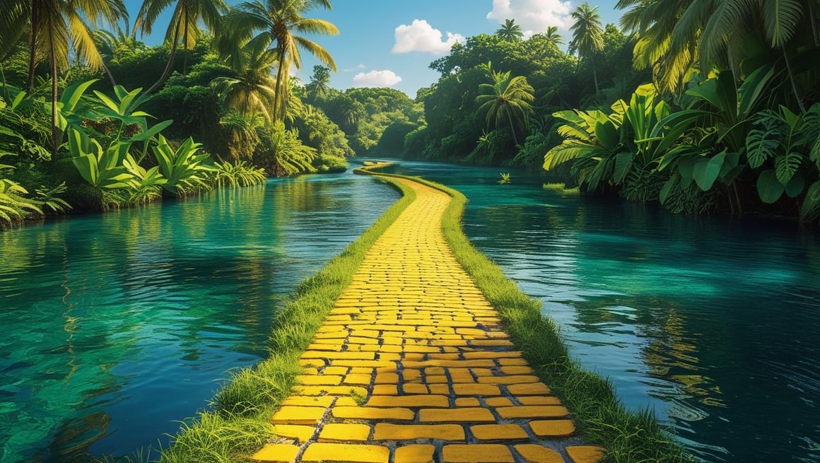 A river in a tropical setting that also has a yellow brick road running in the middle of it