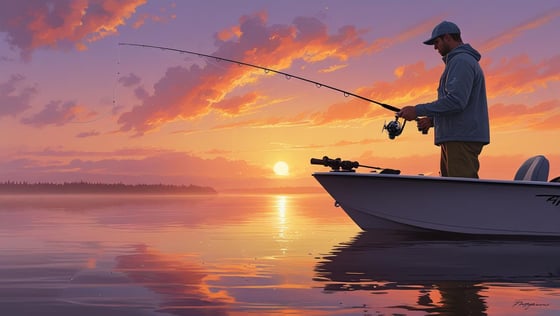 A solitary fisherman, silhouetted against the vibrant hues of a dawn sky, casts his line into calm, still water.  The scene is painted in warm oranges, pinks, and purples, with a rea