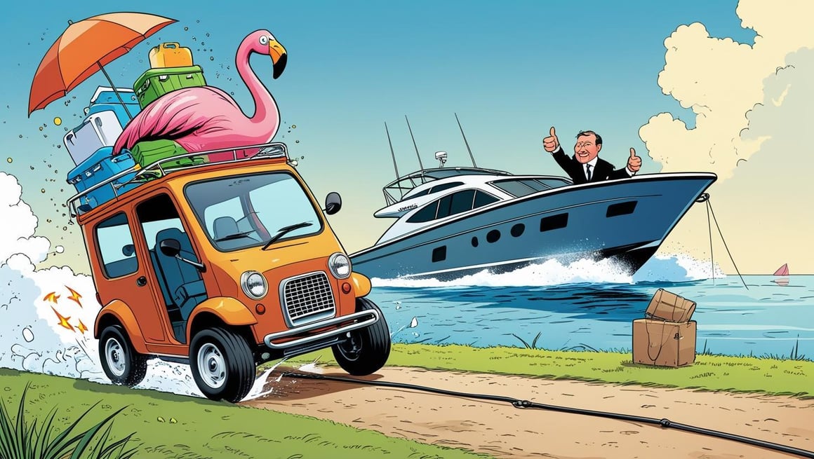 AI Image Prompt Request_Please generate a comical image for an article discussing the impracticality of early electric vehicles and a scathing review of an _eco-friendly_ book.__The 