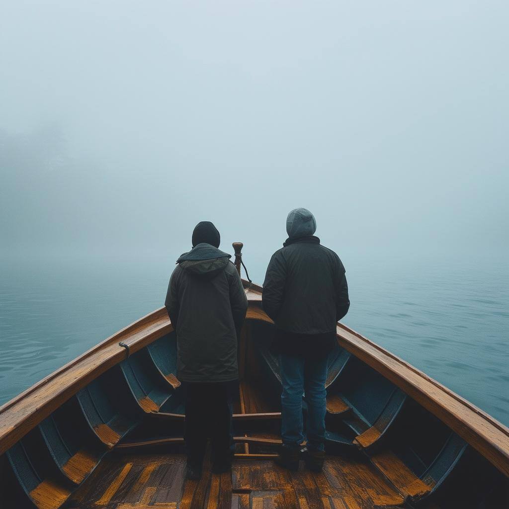 2 People looking lost on his large boat surrounded by fog-1