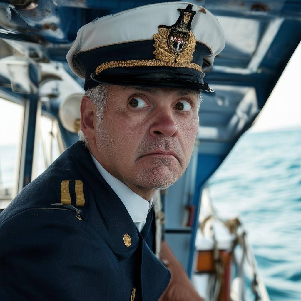 A very nervouslooking captain looking backward over the stern of the boat