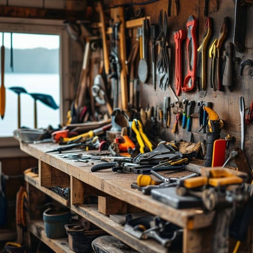 A workbench with a bunch of tools and spare parts for a boat
