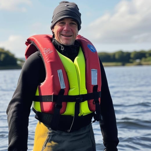 Someone wearing a lifejacket that is way too big for them and it is making them uncomfortable