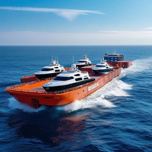 image of a few smaller powerboats being shipped across the ocean on a bigger ship