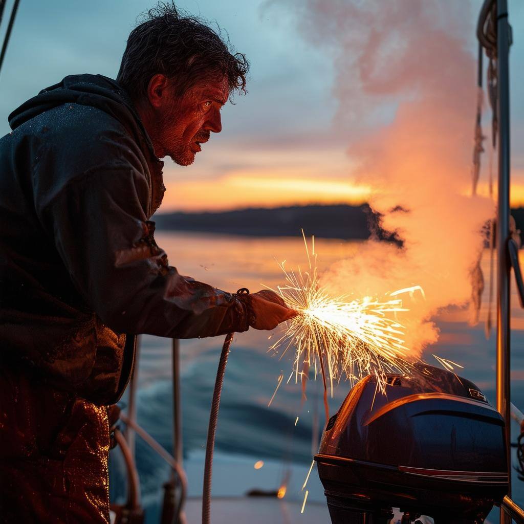 someone looking upset, standing on a boat looking at an outboard motor that is smoking and sparking