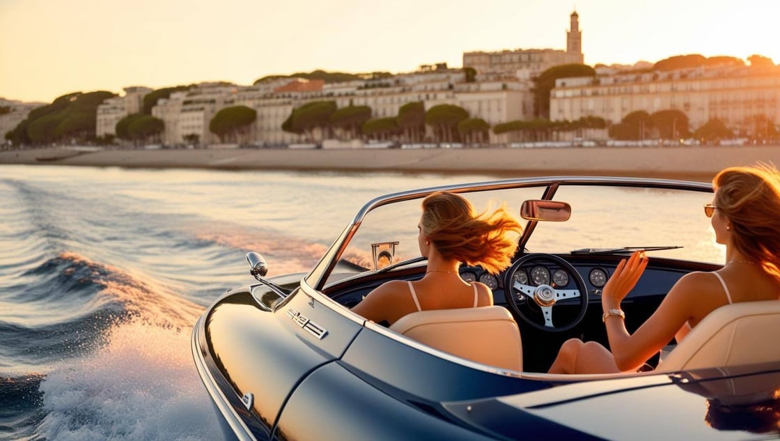 Cinematic wide shot of the French Riviera coastline at sunset. In the foreground, a classic  speedboat, viewed from the stern, is speeding away from the viewer towards the ho