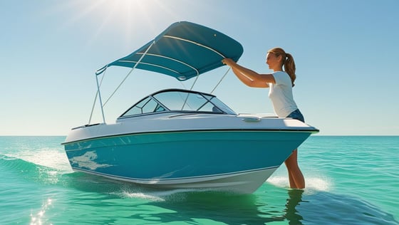 Image of someone adjusting the bimini top on their small power boat