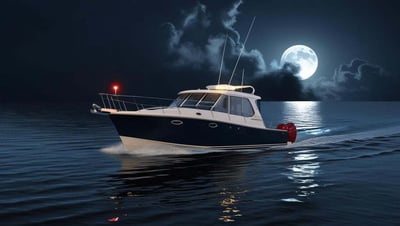 A detailed, realistic image of a medium-sized powerboat navigating a calm, dark sea at night. The boats navigation lights—a bright white on top of th