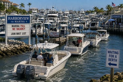 Boats lined up for a berth at a packed marina