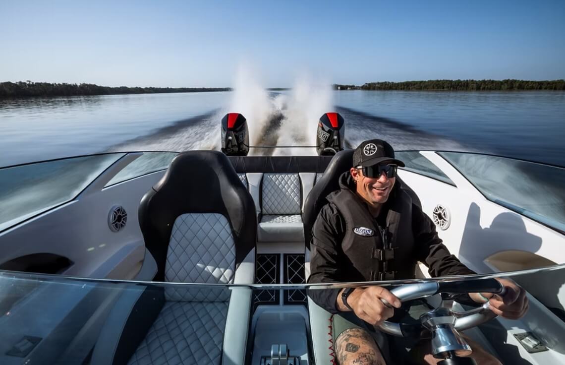 Travis Pastrana Texting Merc 300R outboards