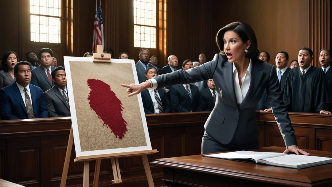 Photorealistic courtroom scene, dramatic lighting, high ceilings, wood paneling. A lawyer in a suit is pointing at an easel in the foreground. The easel has a lar