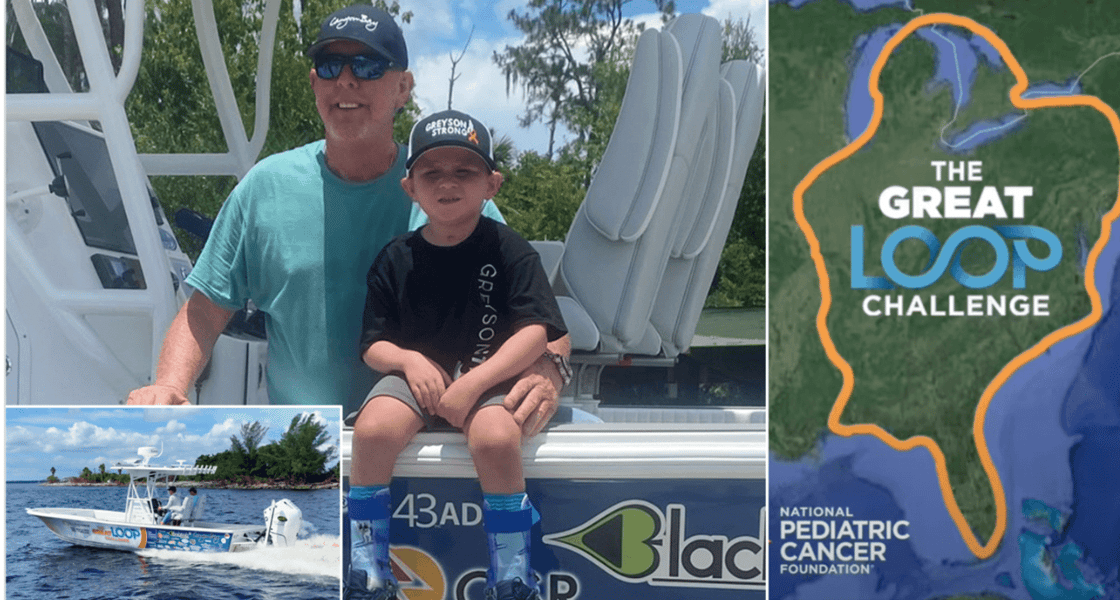 CAPT. RED FLOWERS WITH A CHILDER CANCER SURVIVOR ON THE CANYON BAY 28H ON WHICH HE BROKE THE GREAT LOOP RECORD.