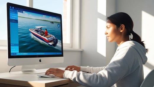 Someone sittting at a computer learning how to drive a boat