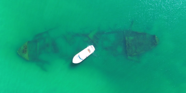 Tiara 44 drifting over the shipwreck Novadoc that sank in a storm in 1940 off Michigan, south of Ludington in 9-18 ft of water.-1