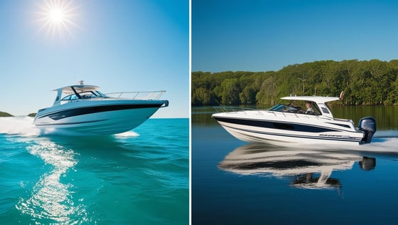 Two medium-sized powerboats one in the ocean and one in a lake