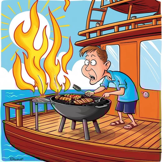 a cartoon someone grilling on the back of a big boat in the falmes are a little to high and the personlooks worried