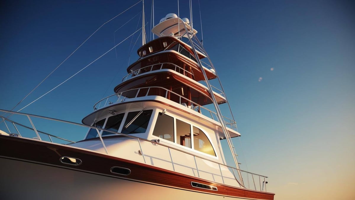 a fishing boat with a multi-level helm station, each level progressively higher than the last, reaching towards the sky