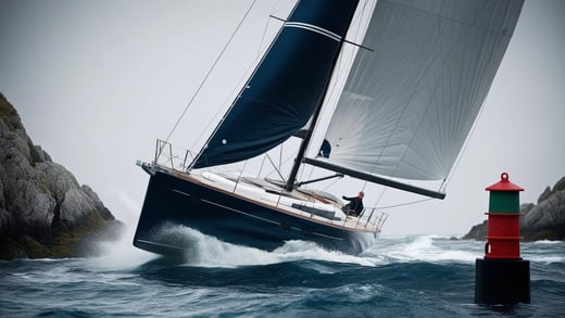 a sailboat sailing through a narrow channel with a strong wind blowing, with a red and green buoy visible in the background. The sailboat should be tilted at an angle to show the eff