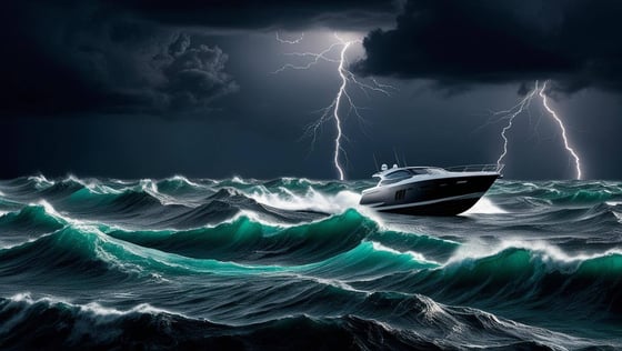 a stormy sea with a powerboat in the distance