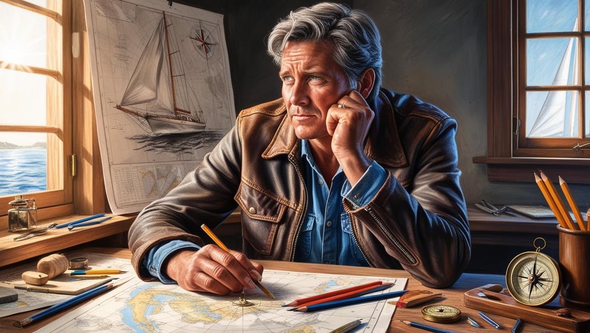 an image of someone pondering how to design the perfect boat