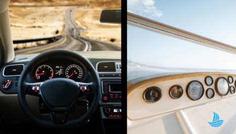 Side-by-side comparison of car speedometer and boat instrument panel showing MPH vs knots