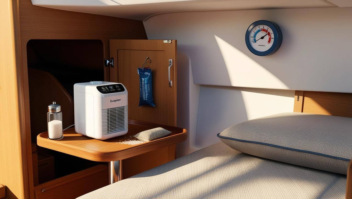 boat interior with a dehumidifier running on a table, a hygrometer hanging on the wall, and various items depicted to illustrate the article, such as a mattress propped up on blocks,