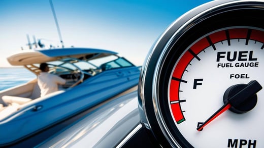 full fuel gauge pointing to F on a boat that is going 50 mph