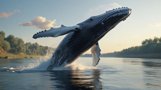 image of a humback whale breaching in a river