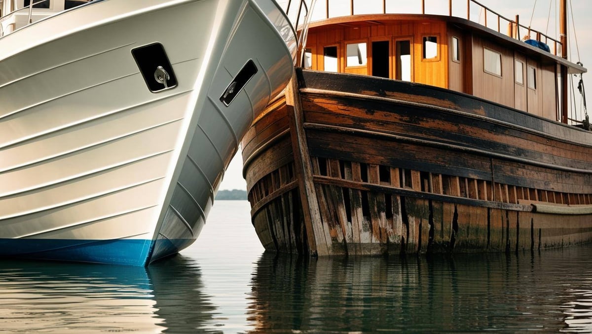 two big boats one that is new but looks like it is made of painted white wood and vintage wooden boat with visible gaps between the planks and water seeping through